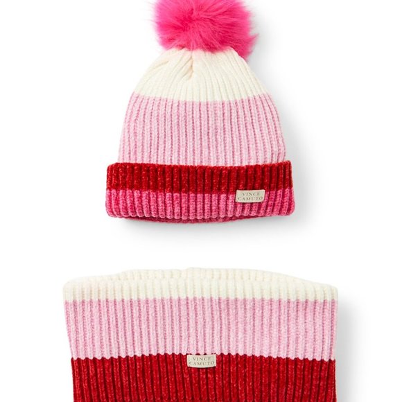 NWT Vince Camuto Pink Stripe Pom-Pom Beanie & Cowl - 2 piece set - Picture 1 of 1
